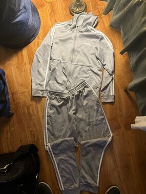 adidas Light Gray Hoodie with Black Tag and Striped Trim